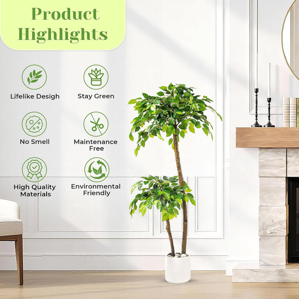 4FT Artificial Ficus Tree with White Planter and Pebbles,Faux Silk Tree with Lifelike Leaves and Realistic Trunk,Tall