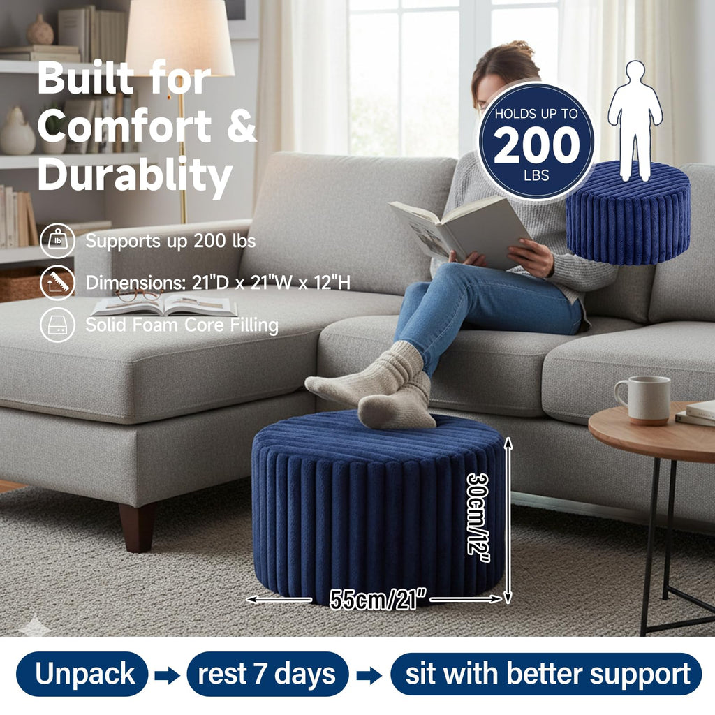 Round Stuffed Pouf Ottoman, Soft Foot Stool with Solid Foam Block