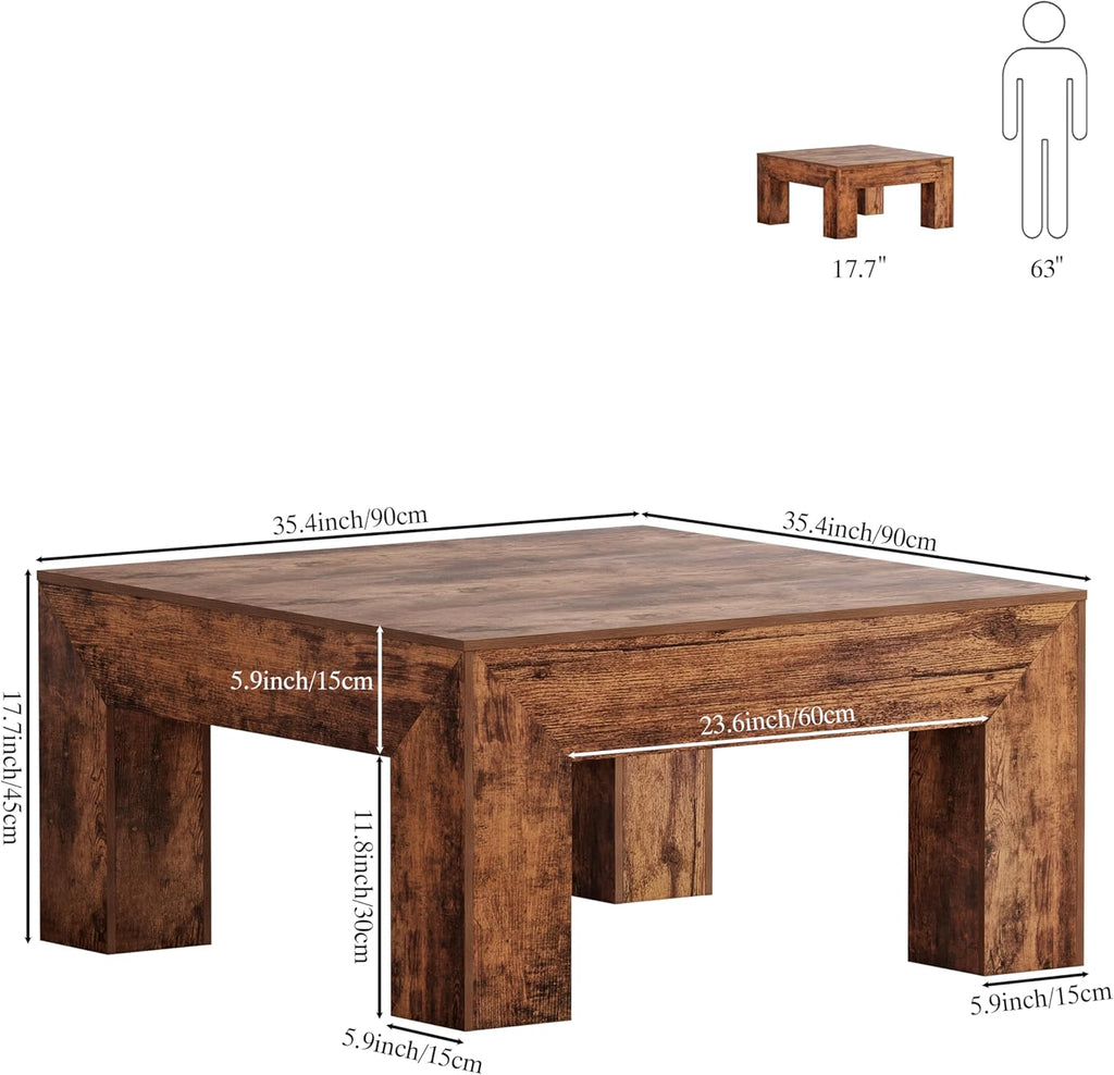 Wooden Square Coffee Table,35.5 inch Farmhouse Low Cocktail with Thick Base (Rustic Brown)