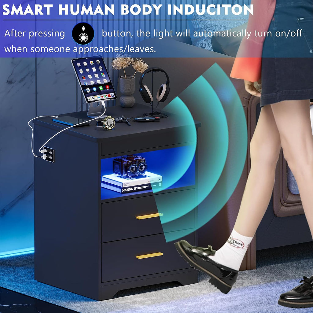 LED Night Stand with Gun Drawer , Charging Bedside Table with USB & Type-C Port, Modern End Table with Human Sensor