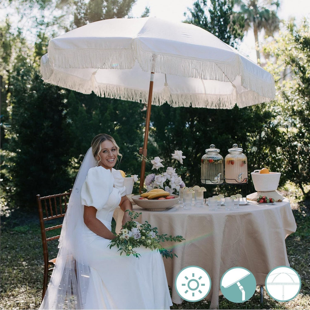 7ft Patio Umbrella with Fringe Outdoor Tassel Umbrella UPF50+ Premium Steel Pole and Ribs Push Button Tilt, Cream White