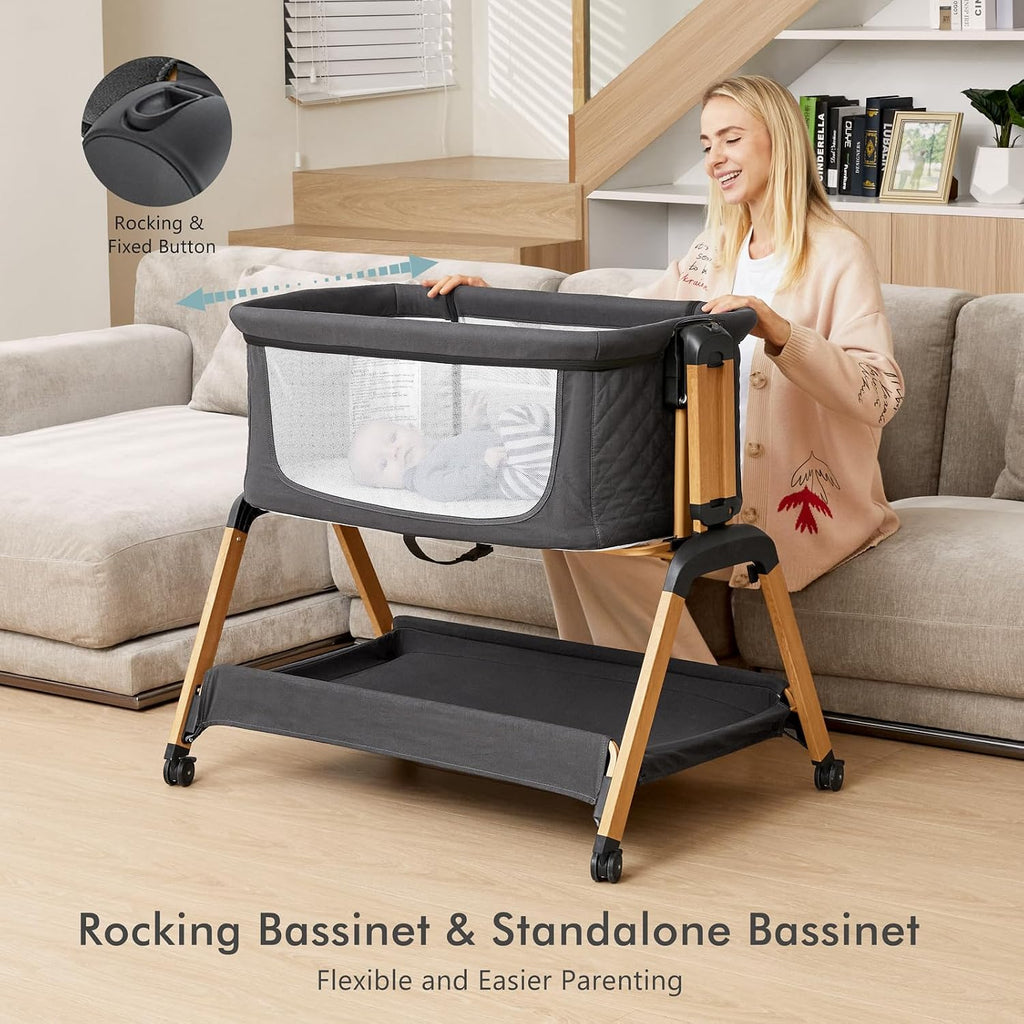 Bassinet Bedside Sleeper, Rocking Bassinets with Comfy Mattress and Wheels for Newborn, 5-Height Adjustable (Black)