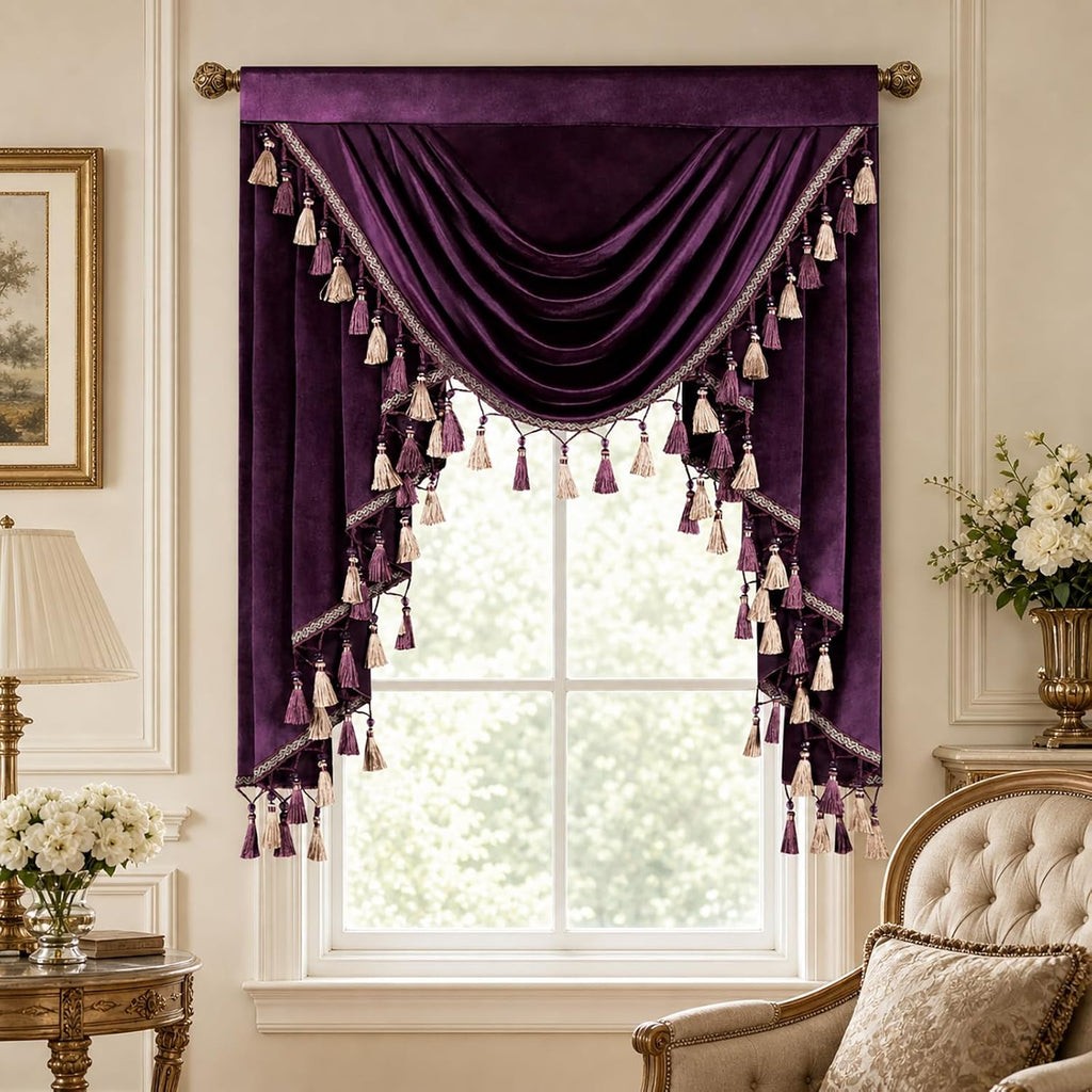 Vintage Style Waterfall Valances, Luxury Dark Purple Velvet Valances with Handmade Tassels, Decorative Solid Window