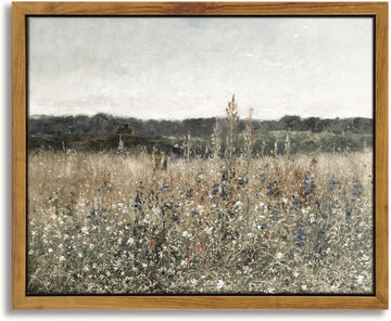 Framed Canvas Wall Art Vintage Decor, Bathroom Art Classical Wildflower Painting, Country Landscape Decor Bedroom