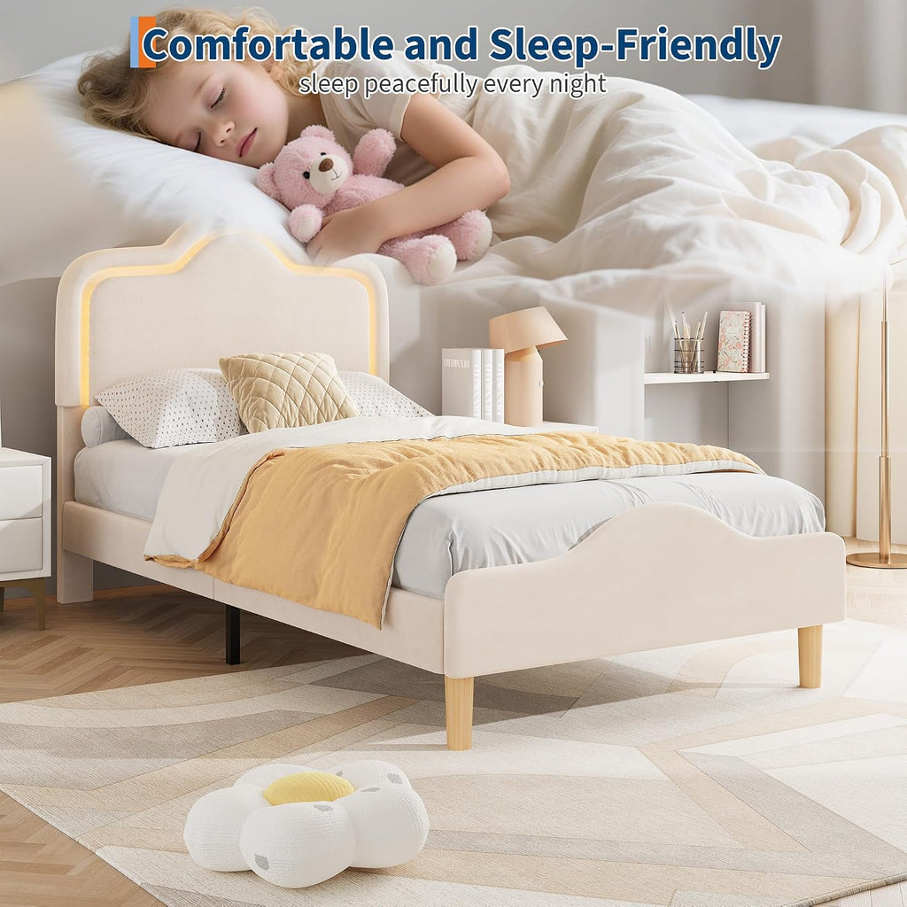 Twin Size Upholstered LED Bed Frame with Adjustable Headboard and Footboard, Velvet Princess Platform Bedframe for