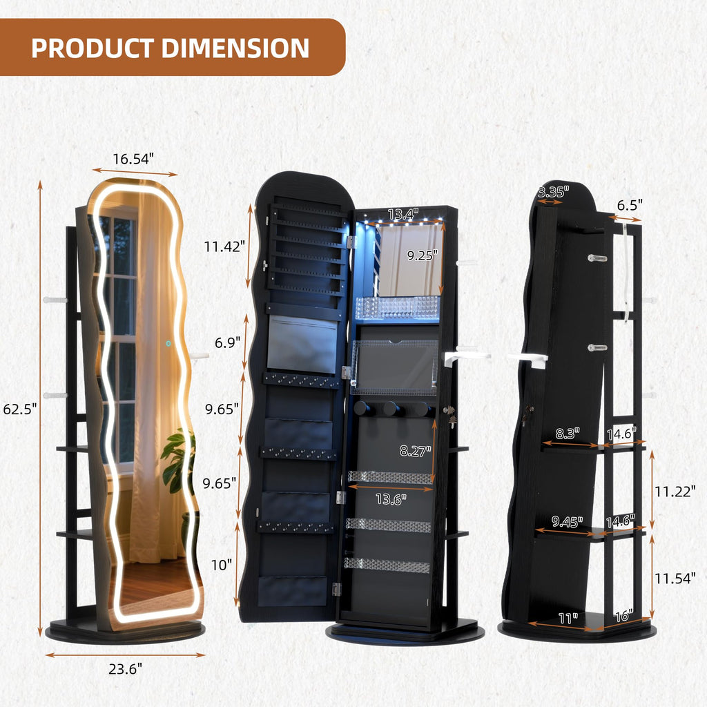 LED Mirror Jewelry Cabinet Standing, 360° Swivel, Black