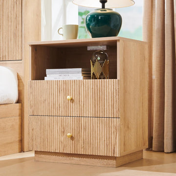 Fluted Night Stand with Charging Station, 21.65" Wide 2 Drawers Nightstand with & Open Shelf and Golden Metal Handle