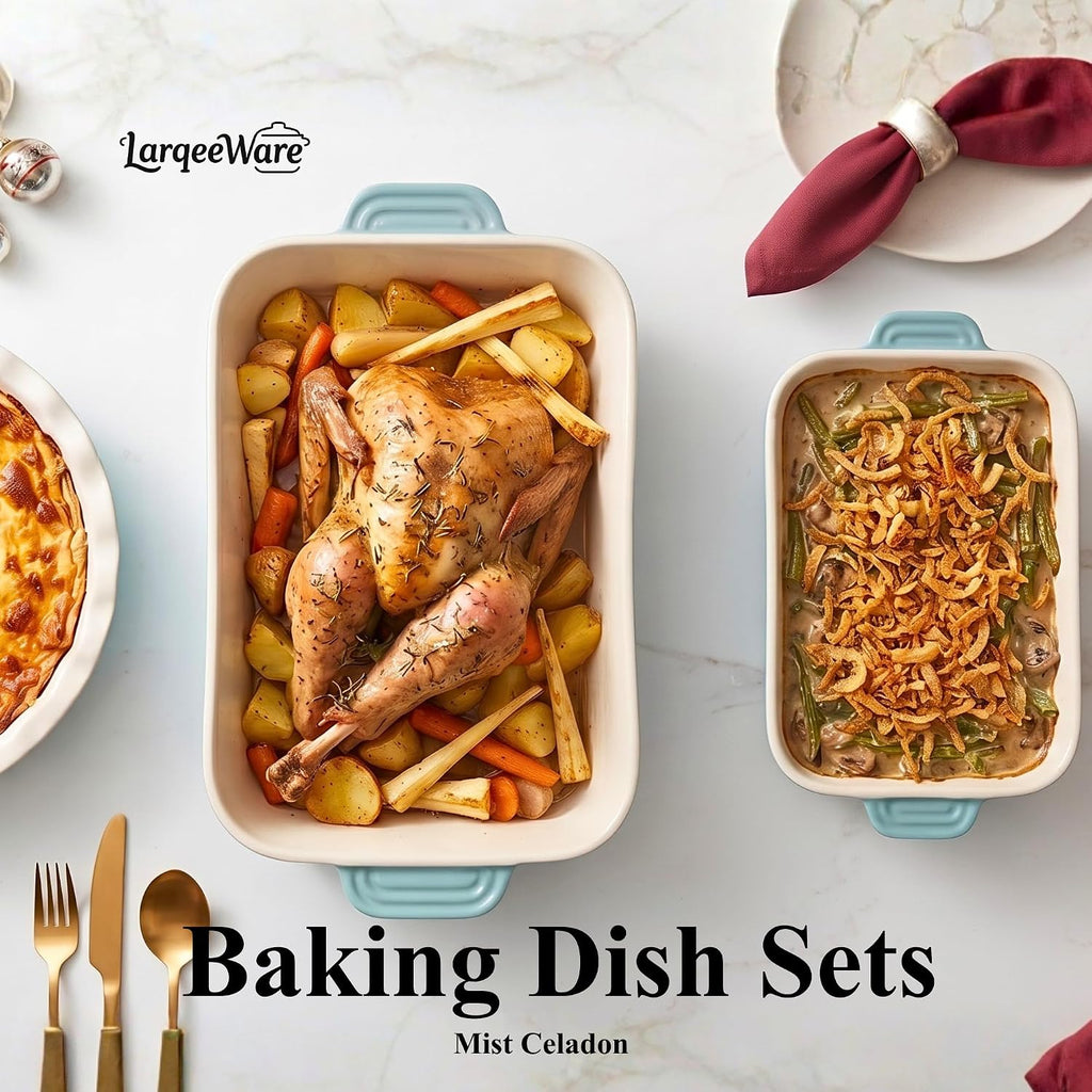 Ceramic Dish Set, 3+1QT Casserole Dish, Lasagna Pan 2Pack | Premium Durable Lead-free Glaze, Elegant Teal Easy clean