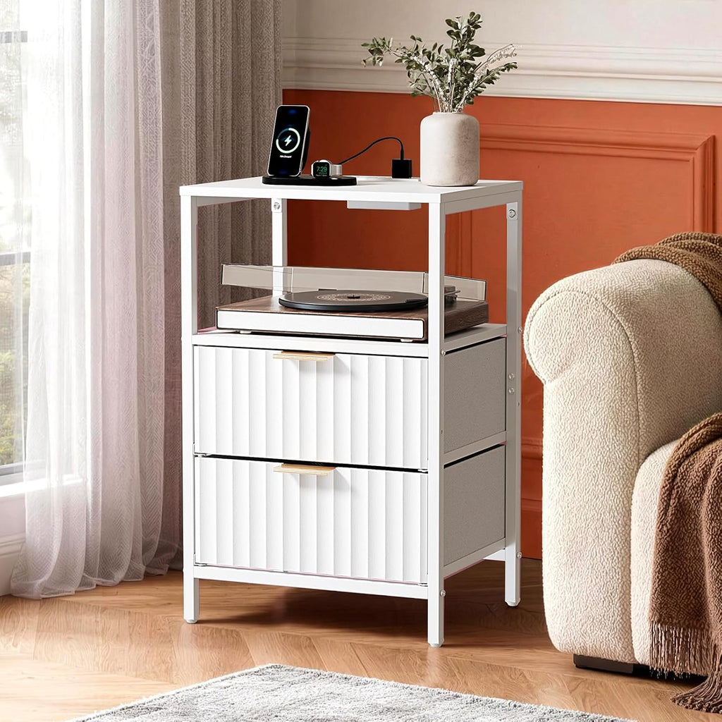 White Nightstands Set of 2 with Fabric Drawers, Fluted Nightstand with Charging Station, Night Stand Set 2 White Side