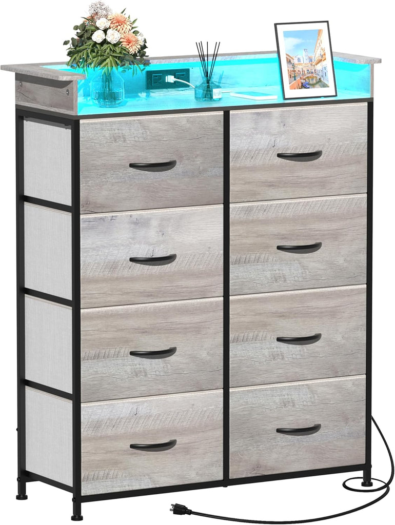 Dresser with Charing Station Grey Dresser with LED Lights Tall Dressers with 8 Drawers Storage Tower for Closet