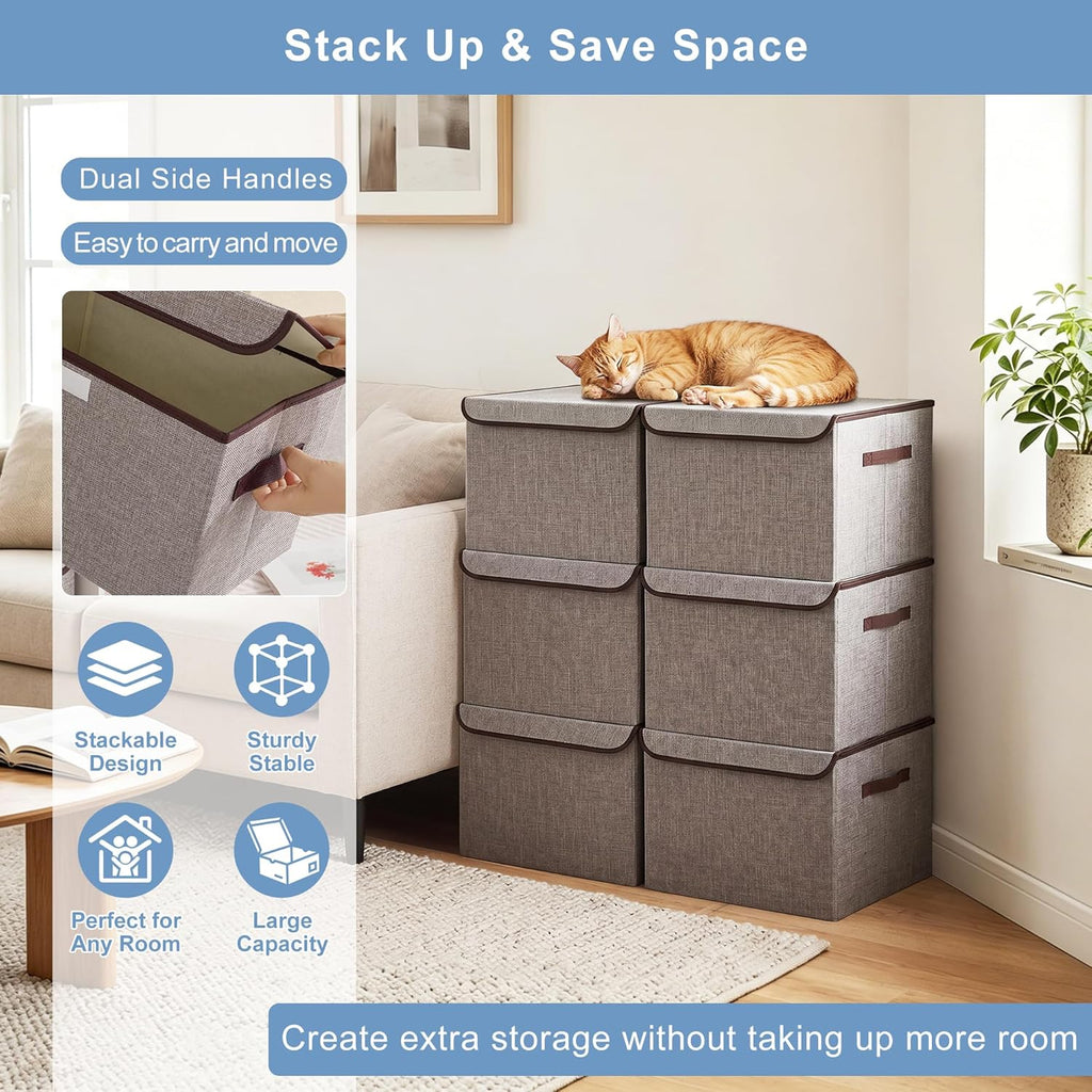 Large 22 Quart Linen Fabric Foldable Storage Bin Cube Organizer Basket with Flip-Top Lid & Handles, Clothes Blanket