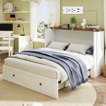 Farmhouse Queen Murphy Bed with Charging Station & Easy Fold-Down - 900lbs Capacity Heavy Duty Murphy Bed Cabinet