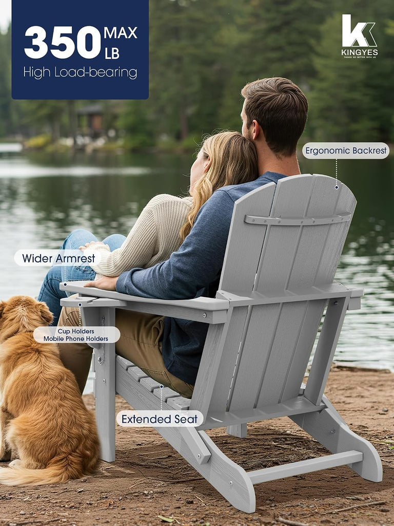 Folding Adirondack Chair with 2 Cup Holders, Silver Grey | HDPE Composite | Waterproof | Wood Grain | Hidden Cup &