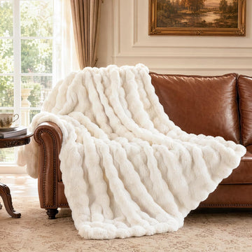 Cozy Bubble Faux Fur Twin Blanket for Couch, 60x80 Cream