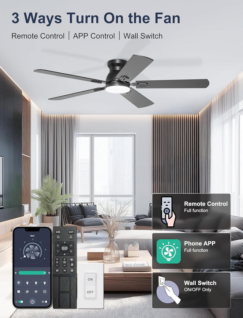 52'' Flush Mount Ceiling Fan with Lights, Space-Saving Low Profile for Low Ceilings, App/Remote Control