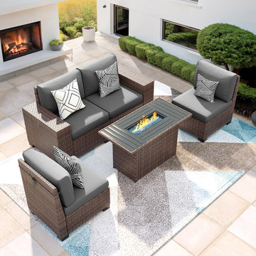 Patio Furniture Set with 44'' Fire Pit Table, 5 Pcs Outdoor Sectional Sofa