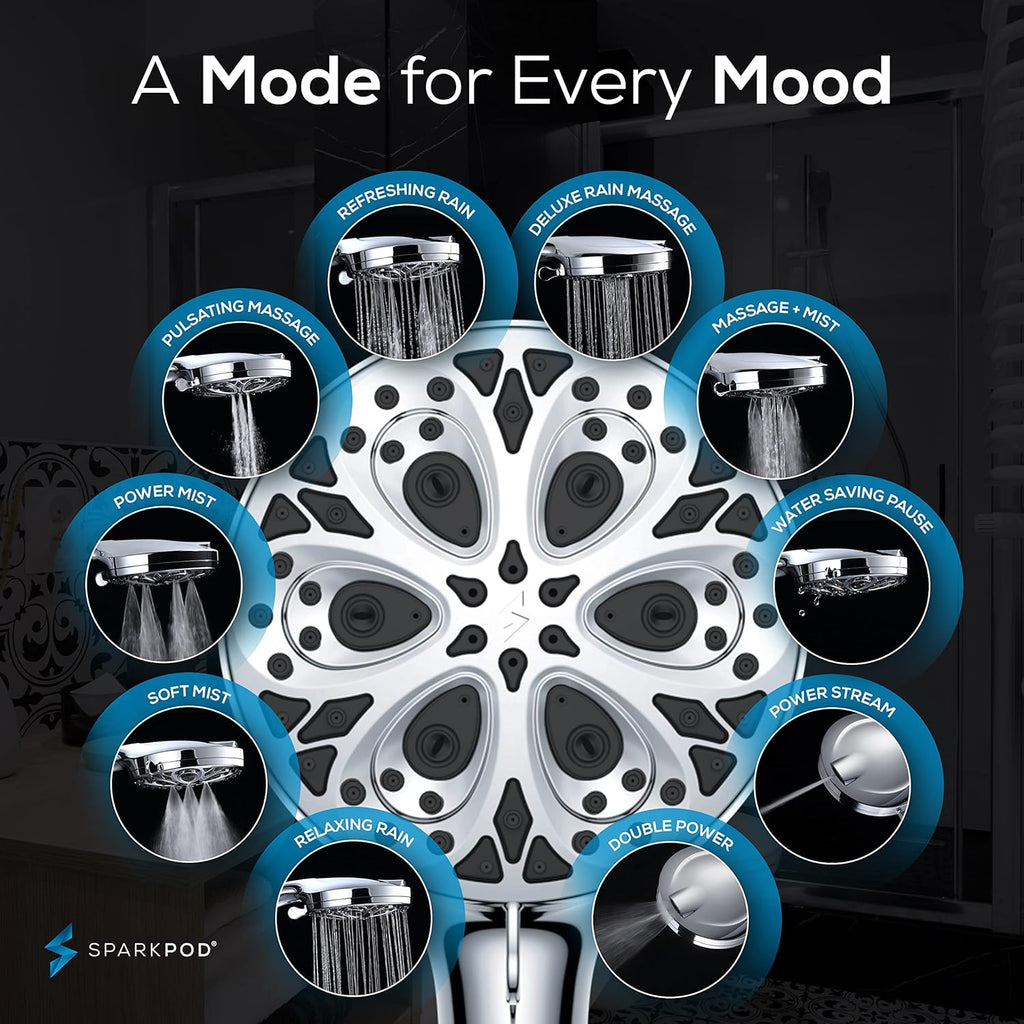 10-Mode Handheld Shower Head with Filter - 5" High Pressure Filtered Shower Head with Touch-to-Clean Nozzles, Built-In Power Jet, Stainless Steel 6ft Hose & Bracket (Polished Chrome)