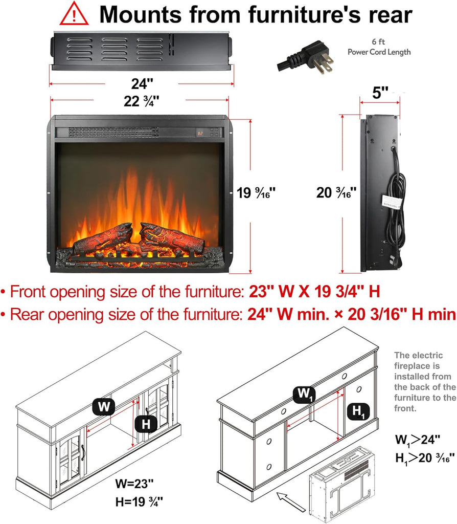 23" Electric Fireplace Insert, Fireplace Heater with Remote, Adjustable 4 Flame Brightness, Log Set, Low Noise