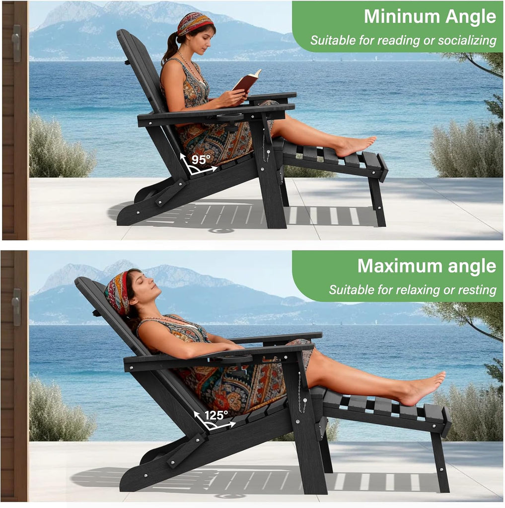 Folding Adjustable Adirondack Chair with Retractable Ottoman, HDPE Recliner Adirondack Chair with Cup Holder for Deck