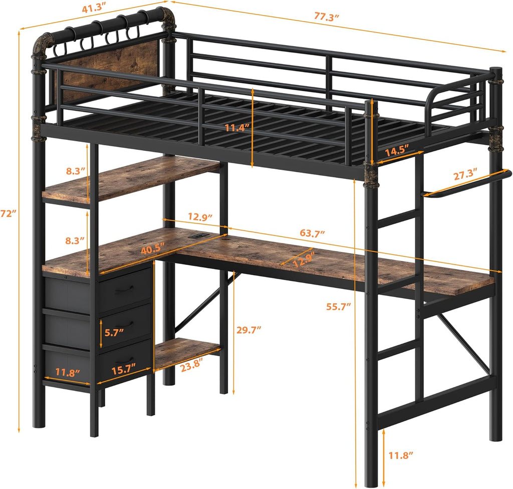 Twin Loft Bed with L-Shaped Desk, LED Lights,Charging Station