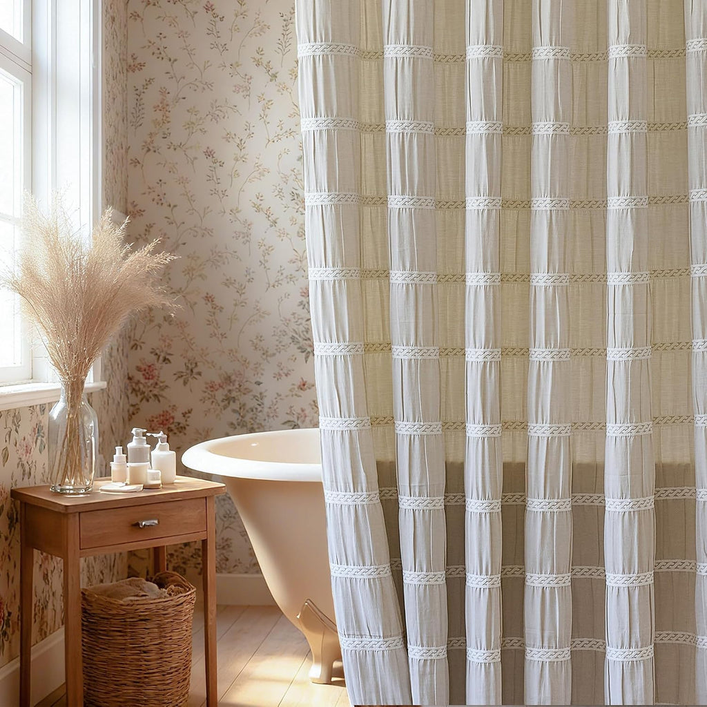Cream Shower Curtain Fabric Rustic Shower Curtain Farmhouse Striped Cotton Blend Thick Boho Shower Curtains for