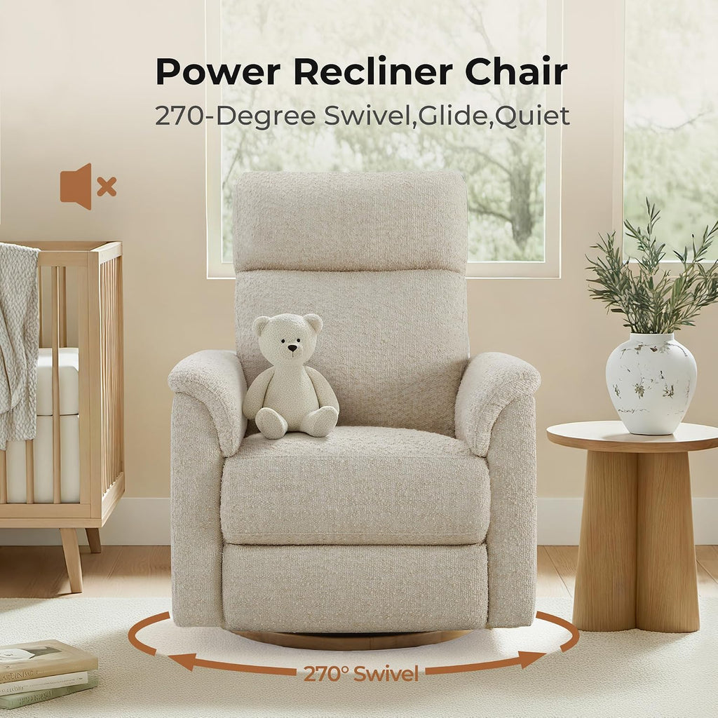 Power Recliner Chair with Nightlight, Nursery Glider, Boucle in Sand | Power Headrest, Water-Resistant Fabric