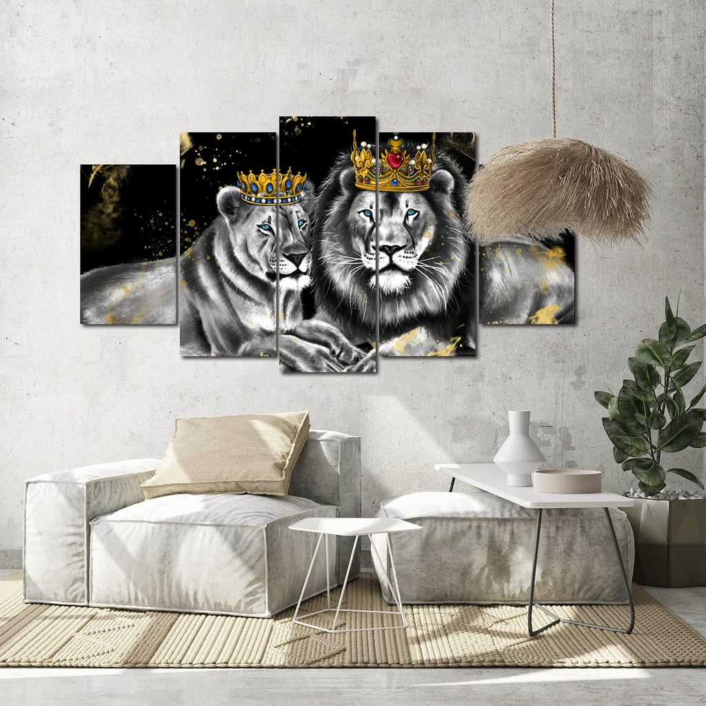 5 Piece Lion and Lioness Canvas Wall Art King and Queen with Golden Crown African Animal Painting Artwork Bedroom