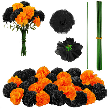 20 Pcs Artificial Marigold Flowers Halloween, Black, Orange