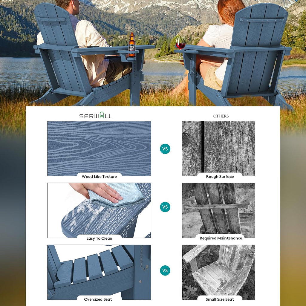 Outdoor Adirondack Chairs Set of 2 with 2 Cup Holders,Foldable,Blue | HDPE Composite,Waterproof,Wood Grain,Cup &