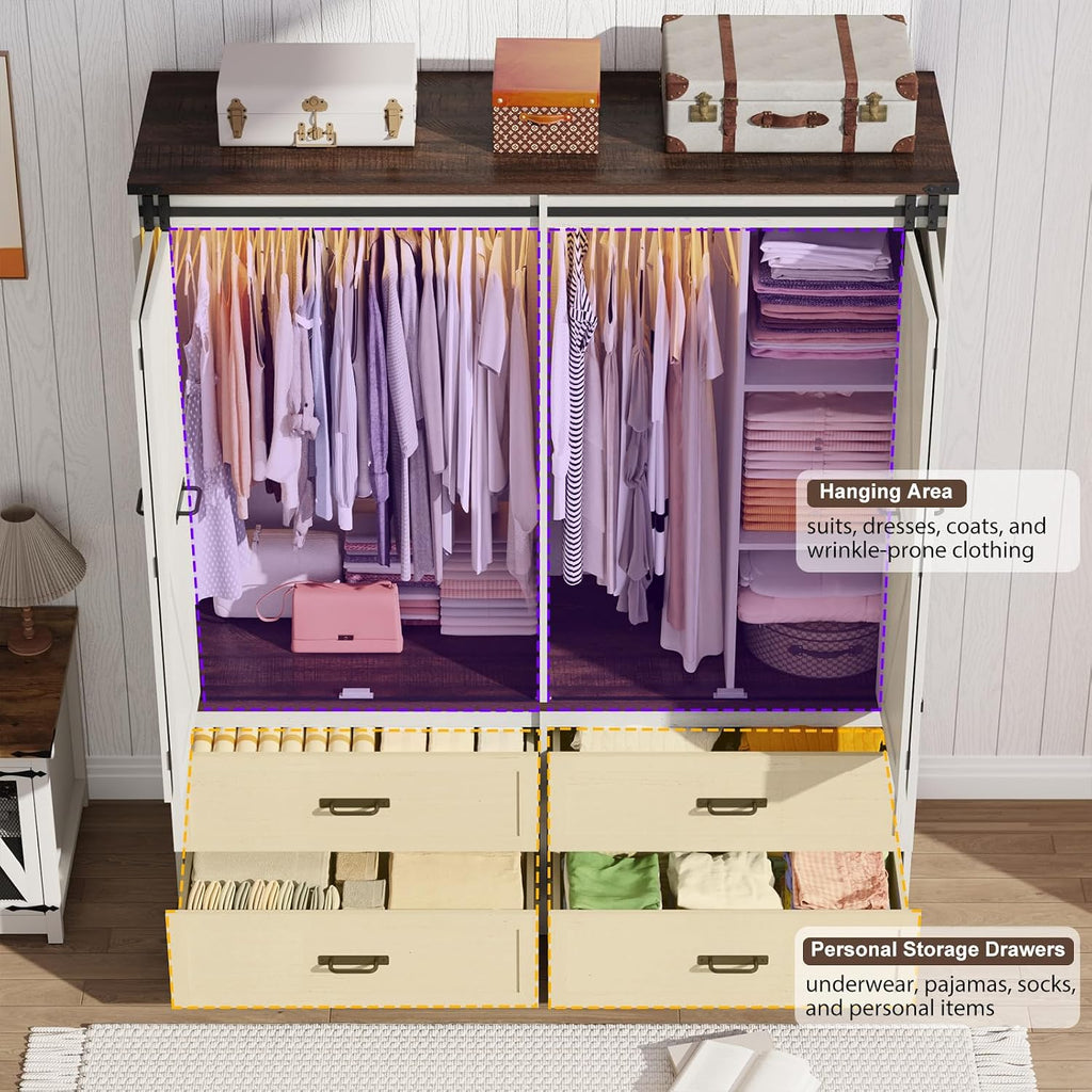Farmhouse 4 Doors Armoire Wardrobe Closet w/Folding Sliding Barn Door and Lights, LED Armoire Closet w/Drawers
