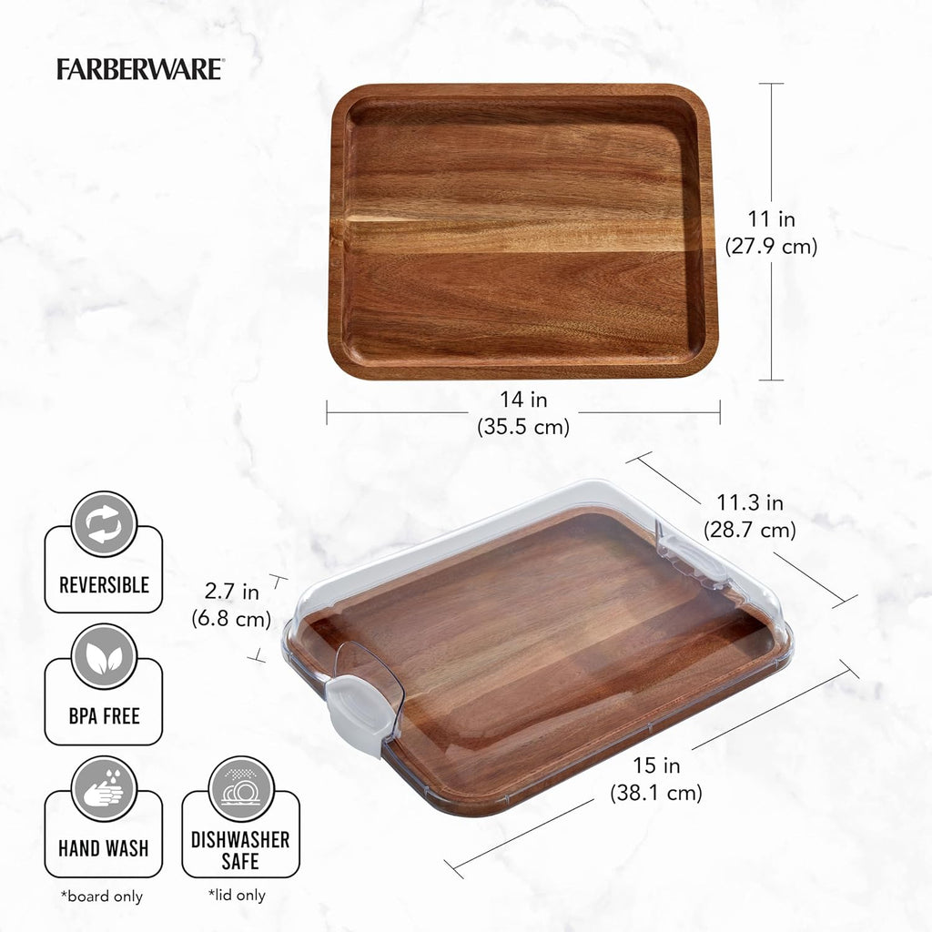 Acacia Wood Cutting Board with Clear Locking Lid, 11x14 Inch Charcuterie Board with Compartments, Reversible Serving