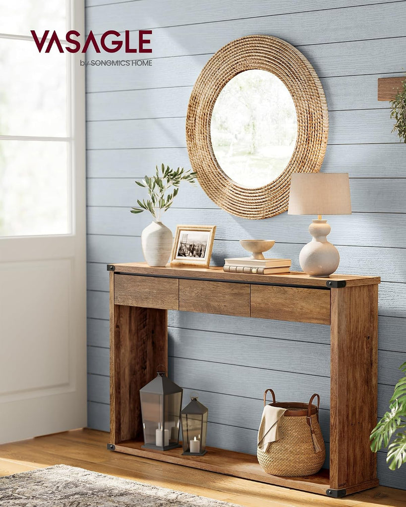 Sofa Console Table, 47.2 Inches Narrow Entryway Table with 3 Drawers, Bottom Shelf, Metal Corners