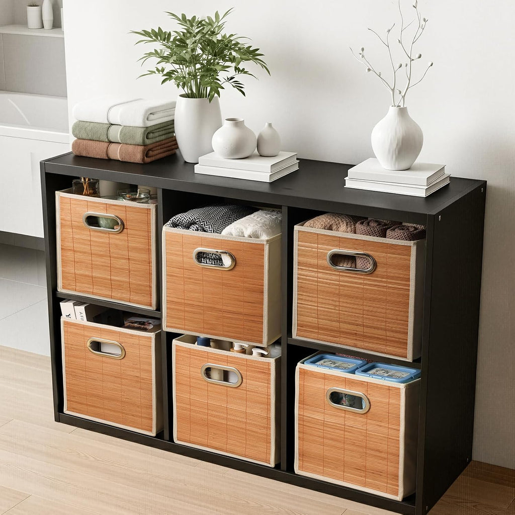 10.5x10.5in Bamboo Storage Cubes Storage Baskets, 6-Pack Foldable Handwoven Bamboo Strip Wicker Basket, Wicker Cube