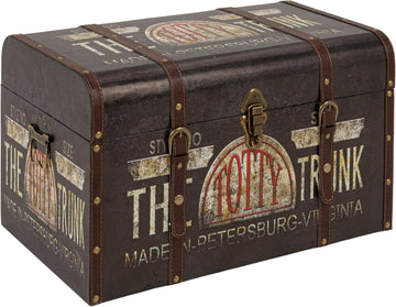 Large Decorative Storage Trunk with Vintage Decoupage, Leather and Metal Accents, Green and Black Finish