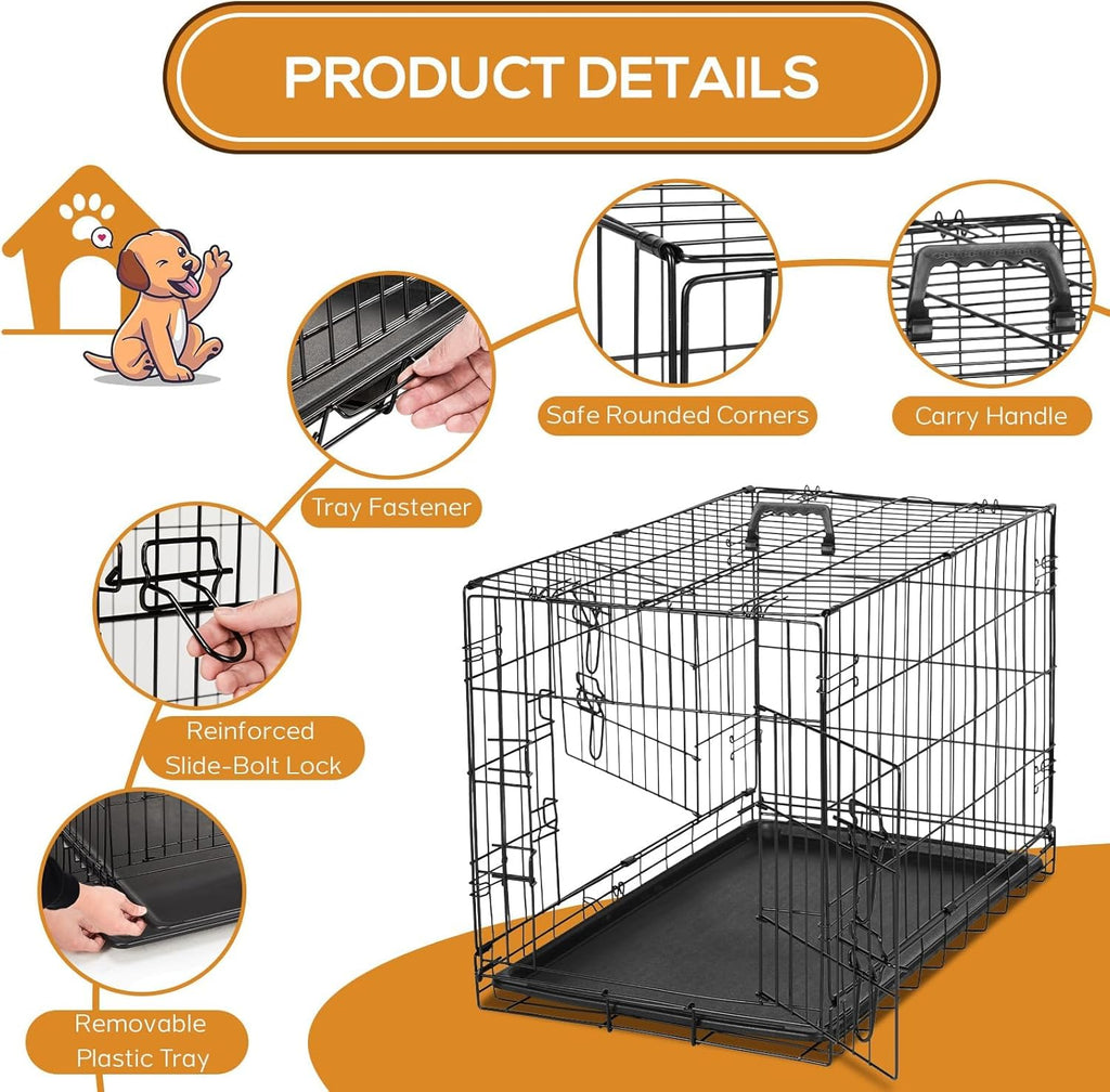 Dog Crate - 36 Inch Medium Double Door Portable Dog Cage, Metal Wire Pet Kennel with Secure Lock, Leak-Proof Pan Tray