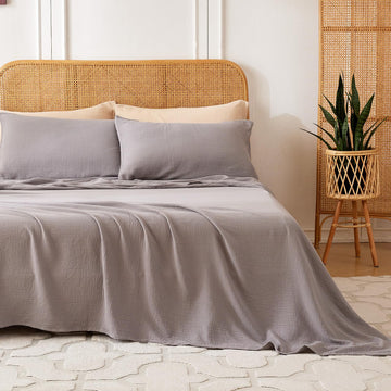 Queen Sheet 100% Cotton Bed Sheets 4 Pcs Gray Fall Linen Like Sheets 16" Deep Pocket Sheet & Pillowcase Sets Boho