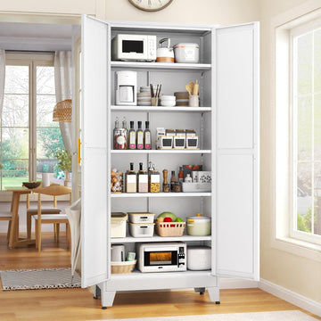 75.2" Tall Metal Kitchen Pantry Storage Cabinets with 2 Door and 5 Adjustable Shelves, Cupboard , White