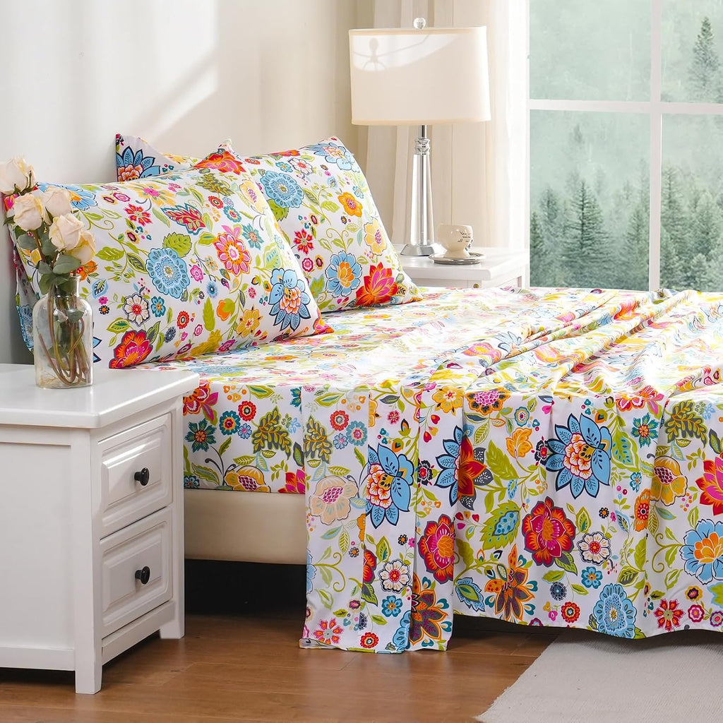 Sheet Set Ultra Soft Breathable Silky Flower Bed Sheets Deep Pocket 100% Microfiber Bedding Sheets 4 Piece