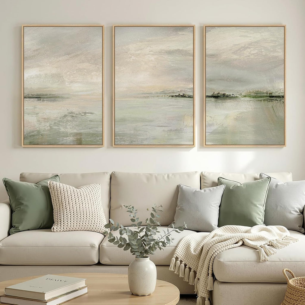 Large Framed Sage Green Abstract Landscape Wall Art , 3 Piece Modern Canvas Prints Paintings Artwork for Walls
