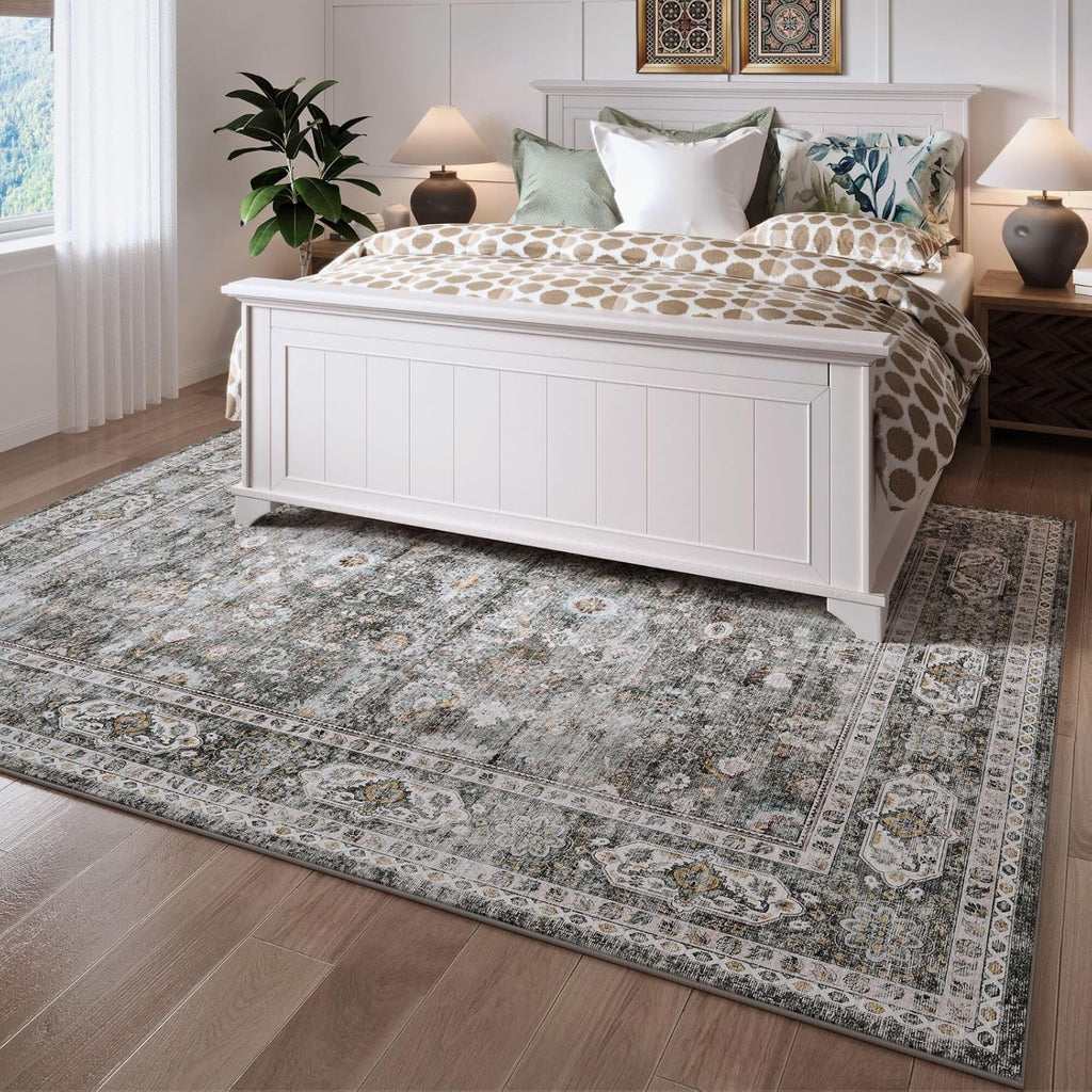 Large Living Room Rug 9x12 Washable Non Slip Vintage, Grey