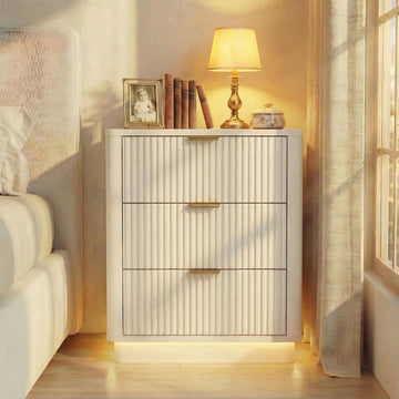 Led Fluted Nightstand, Smart Curved Night Stand with Charging Station Lighting, Wood End Table with 3 Drawers, Modern