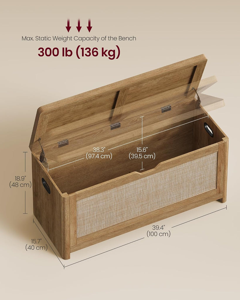 Boho Storage Bench with Rattan Look, Storage Chest with Rounded Corners, Blanket Chest and Trunk with
