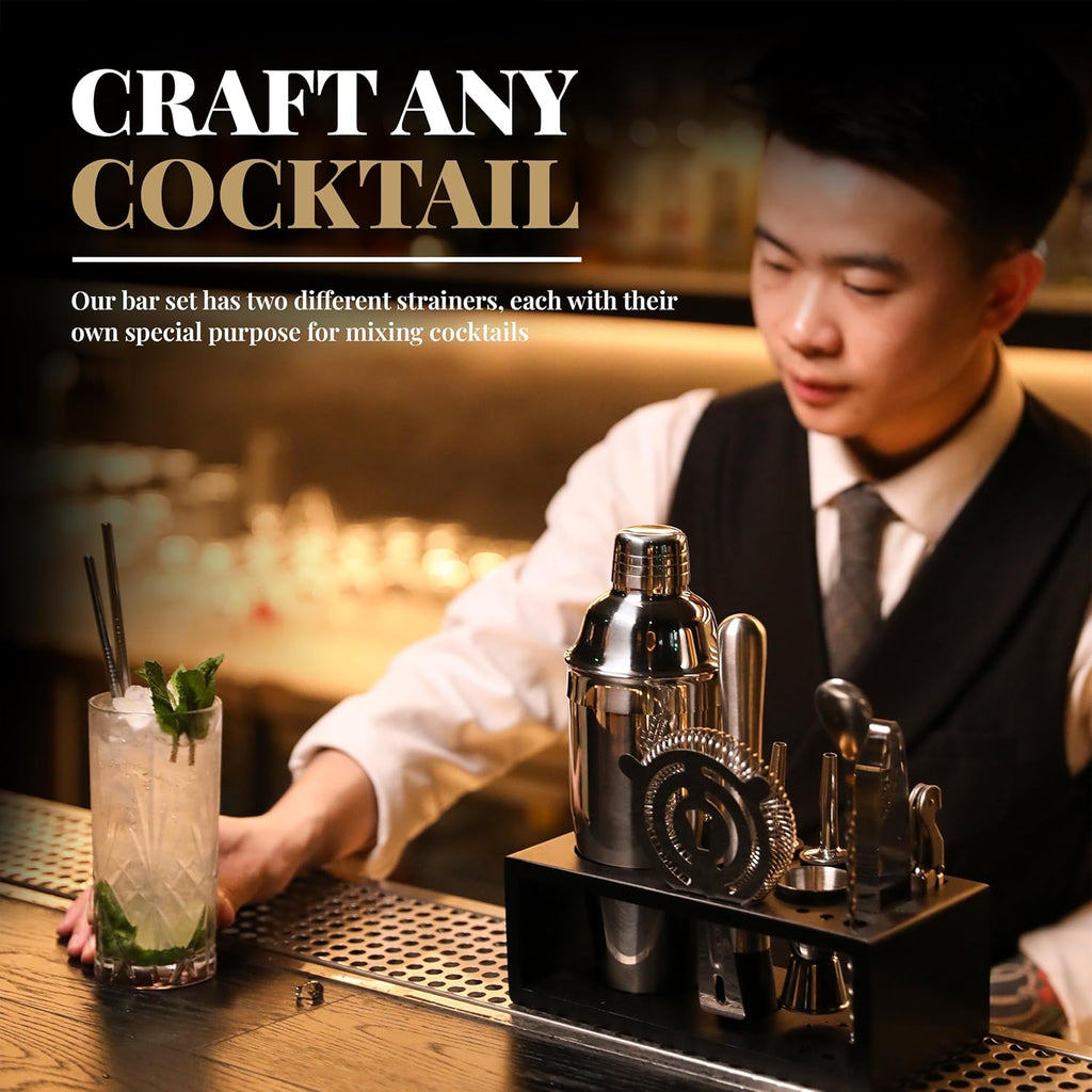 Mixology Bartender Kit with Stand - 15 Piece Bar Tool Set, Silver Bar Set Cocktail Shaker Set for Drink Mixing