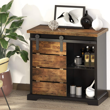 Sideboard Coffee Bar Cabinet, Modern Farmhouse Buffet Station Sliding Barn Door Storage Credenza Console with Slat and