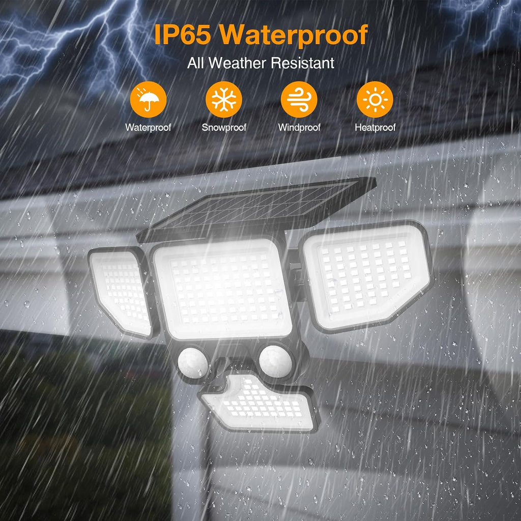 3000LM Solar Lights Outdoor, 4 Heads Solar Security Lights with Remote Control, 180 LEDs IP65 Waterproof Motion