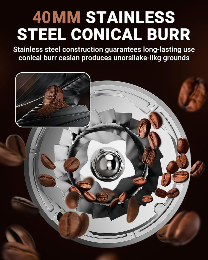 Burr Coffee Grinder, 48 Settings, Less Static Mess, Metallic Silver