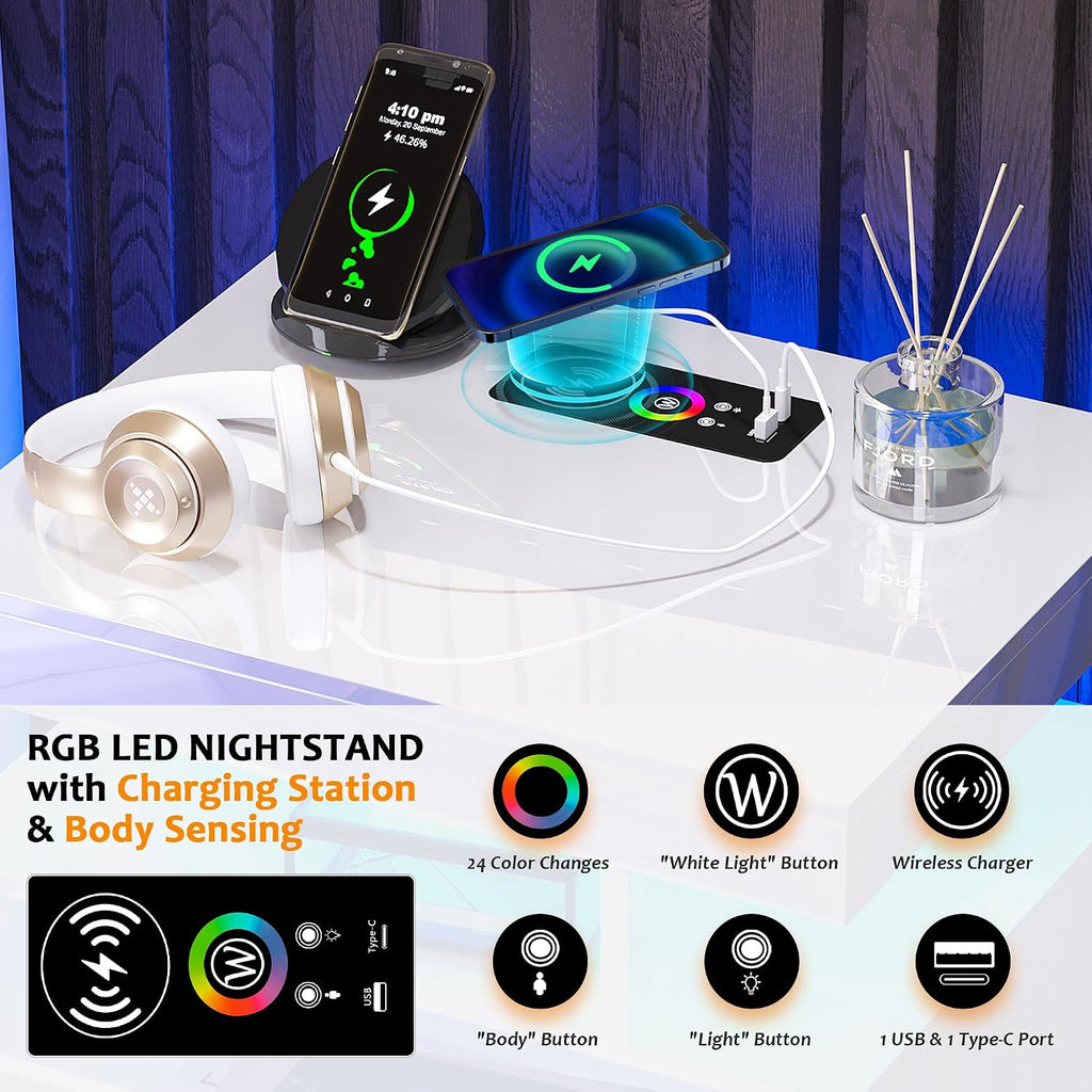 Night Stand Set of 2 with RGB Lights, LED Nightstand with Charging Station, Modern Bedside Table with 2 Drawers