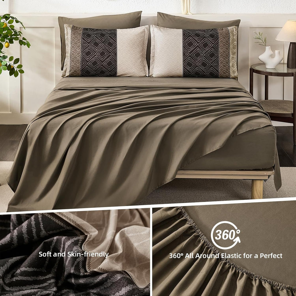 Boho Comforter Set Light Brown,7 Piece Bed in a Bag Warm Striped Bedding Sets with Plaid Fall