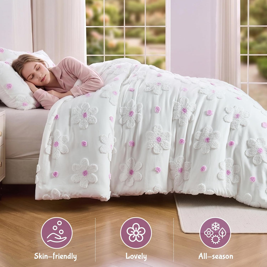 Comforter Set for Girls 3 Pieces Soft Pink Tufted Daisies Flowers Bedding Set Bed in A Bag Cute Floral Comforter