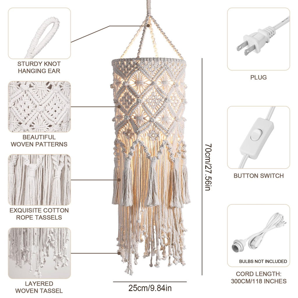 Boho Hanging Lamp, Plug in Hanging Light with Plug in Cord(9.8FT)